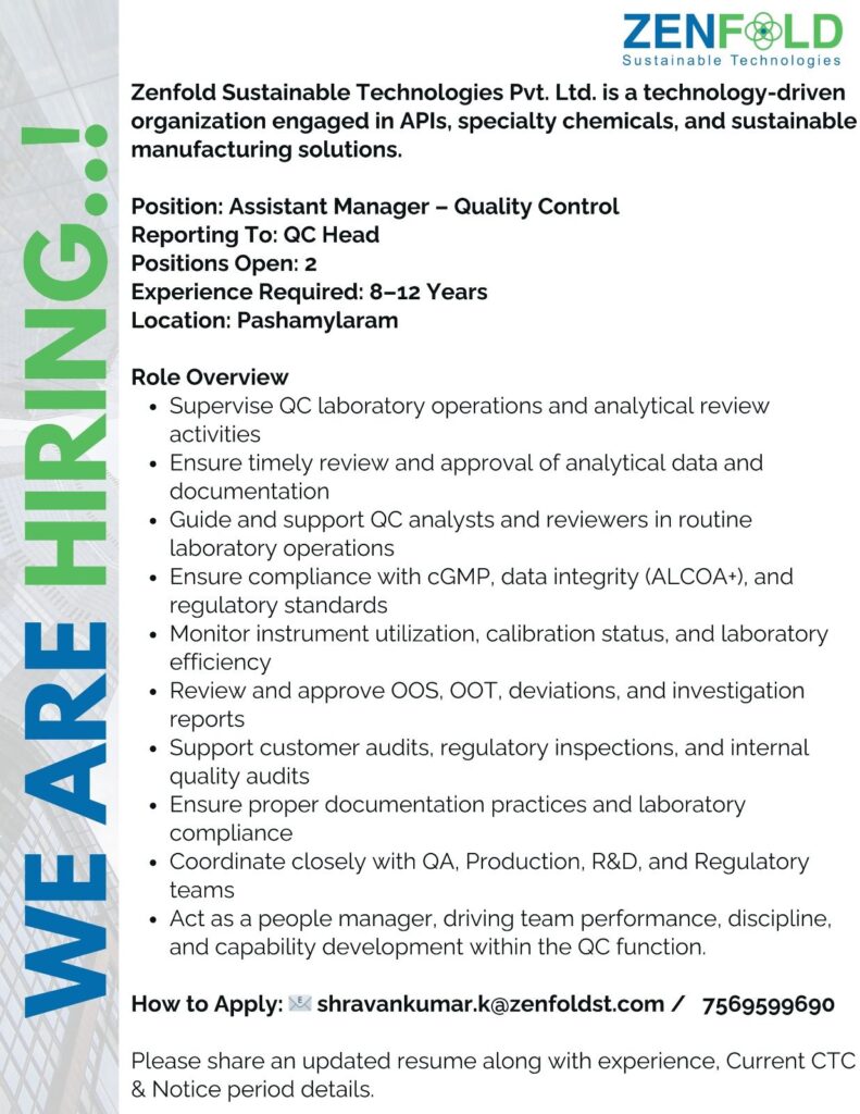 Zenfold Sustainable Technologies is hiring Assistant Manager – Quality Control Jobs