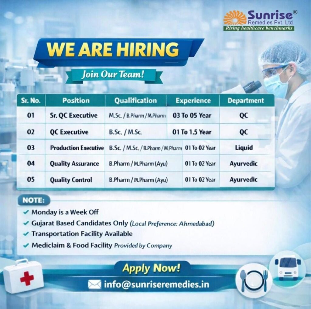 Sunrise Remedies Hiring for QC, Production & QA Jobs