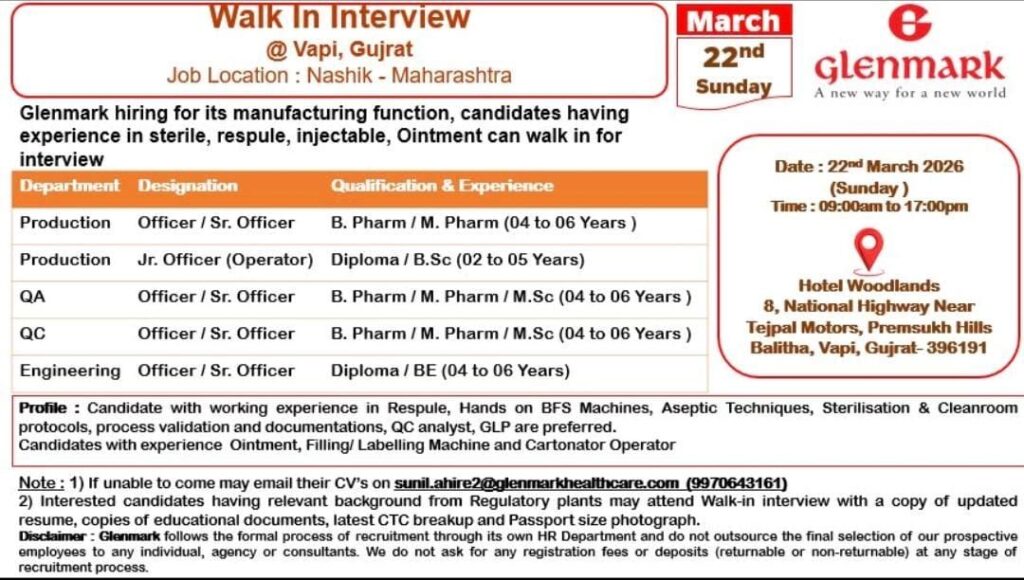 Pharmaceutical manufacturing jobs India | Glenmark pharma jobs