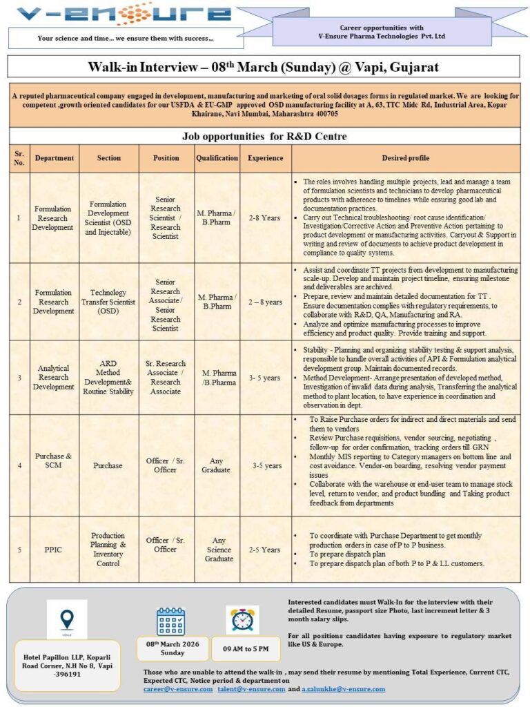 Walk-in interview opportunity at V-Ensure Pharma