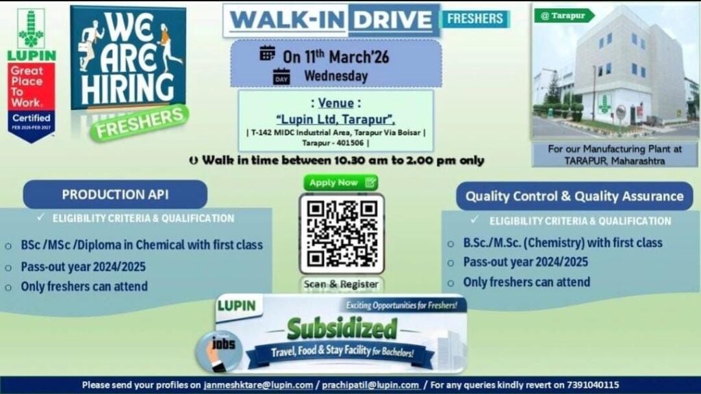 Lupin walk in interview 2026, QC QA freshers hiring