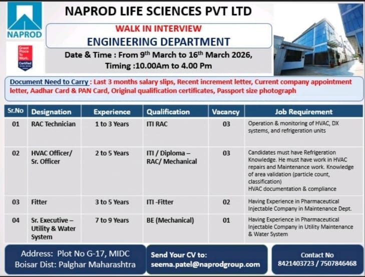 Naprod Life Sciences Walk-In Interview 2026 Jobs in Boisar