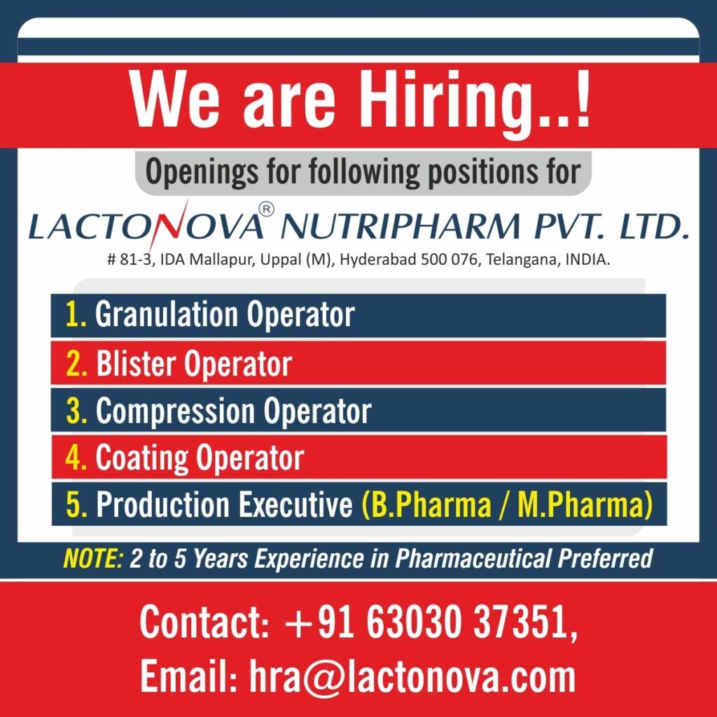 Lactonova Nutripharm Hiring in Hyderabad – Pharma Jobs