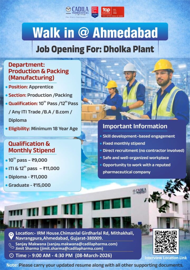 Cadila Pharmaceuticals Walk-In Interview 2026