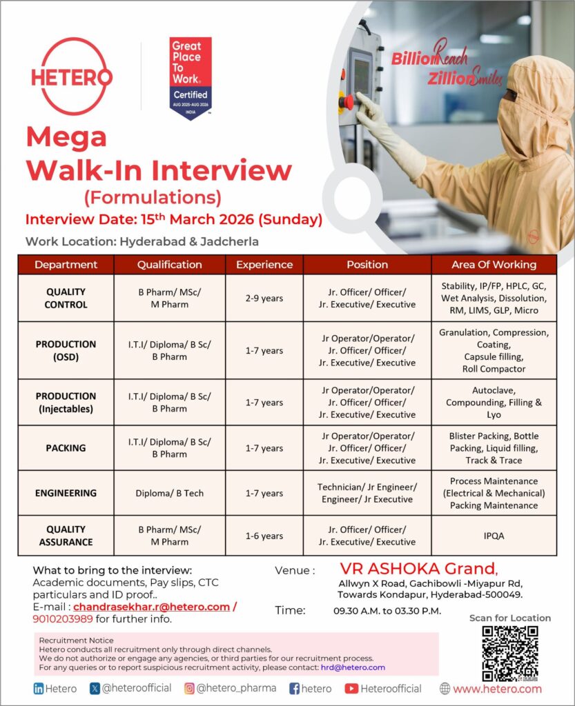 Hetero Mega Walk-In Interview 2026 for Production, QC, QA, Packing & Engineering Jobs