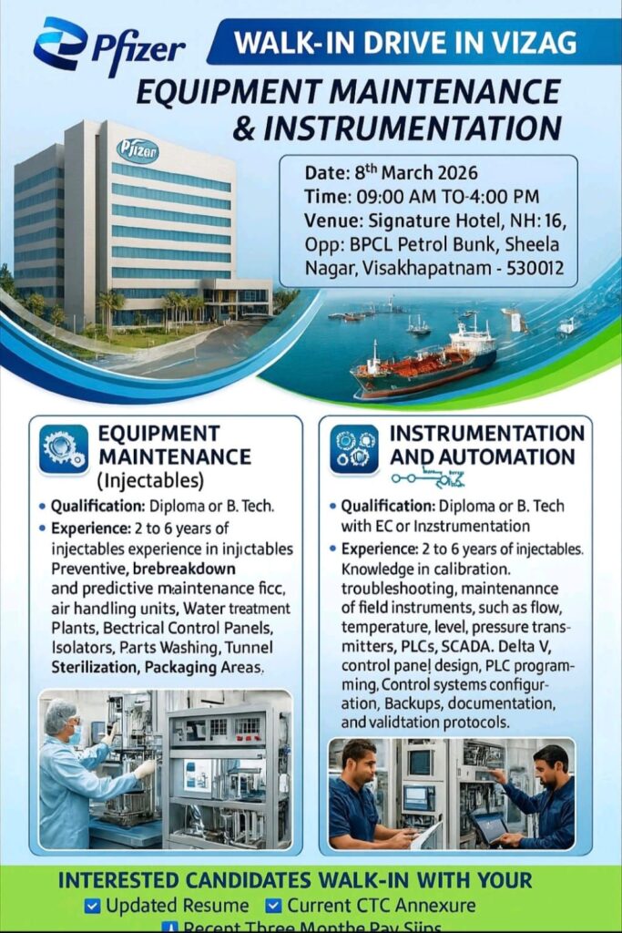 Pfizer is conducting a walk-in interview in Vizag on 8 March 2026