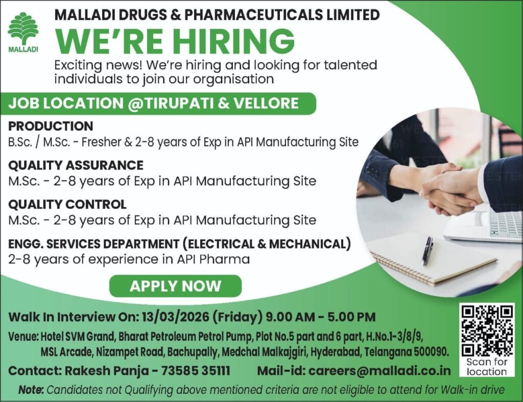 Malladi Drugs & Pharmaceuticals Walk-In Interview 2026 