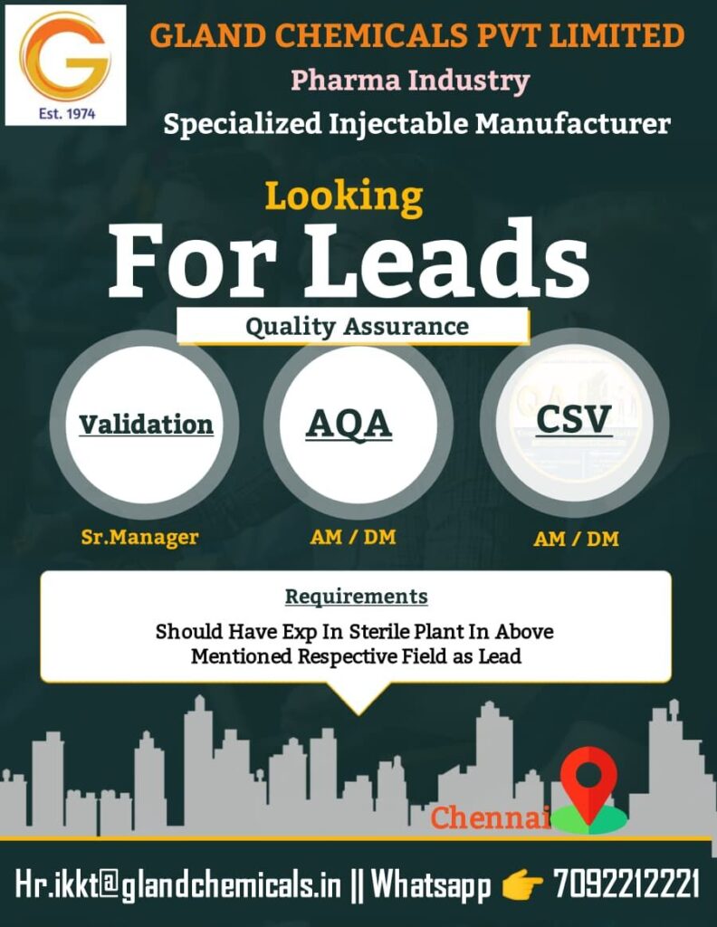 Gland Chemicals Pvt Ltd Hiring for Leads QA Jobs