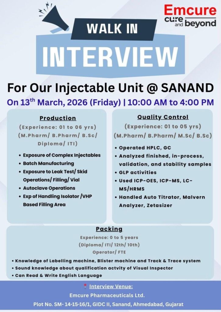 Emcure Pharmaceuticals Walk-In Interview 2026 