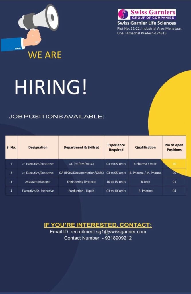 Swiss Garnier Life Sciences Hiring QC, QA, Production & Engineering Roles