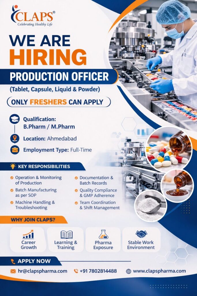 CLAPS Pharma Hiring Freshers for Production Officer