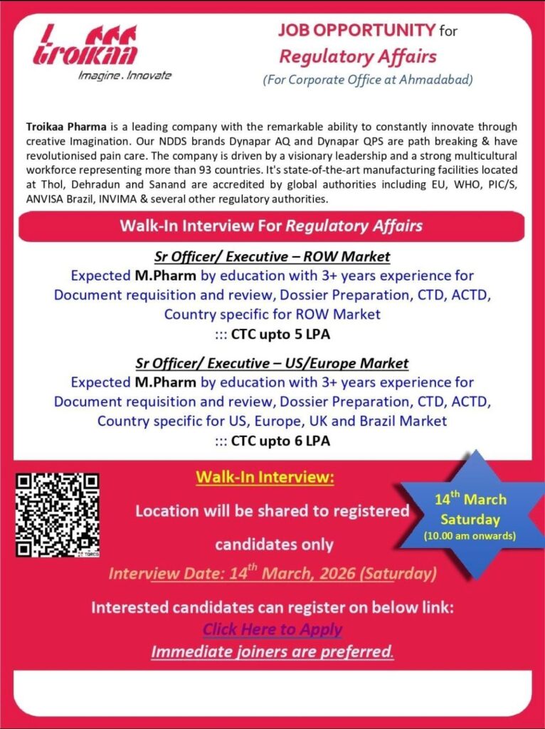 Troikaa Pharma Walk-In Interview 2026 for Regulatory Affairs in Ahmedabad
