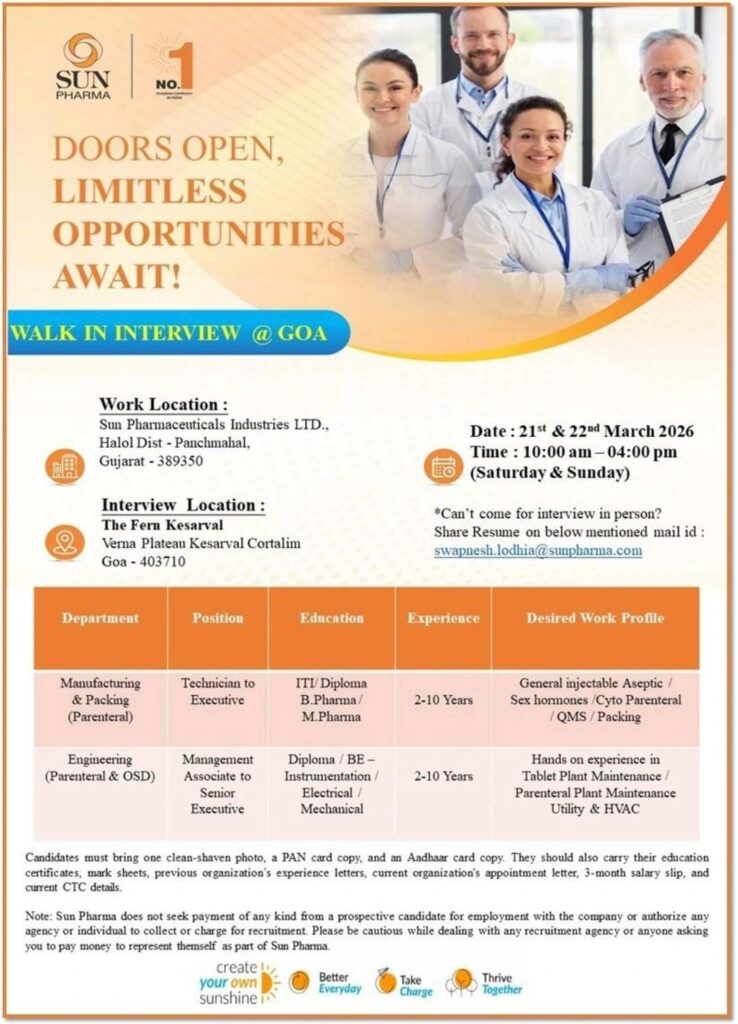 Sun Pharma Walk-In Interview 2026 