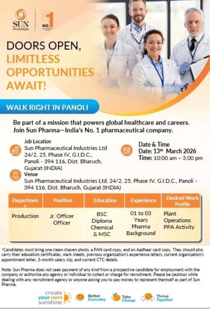 Sun Pharma Walk-In Interview 2026 for Production Jr. Officer / Officer 