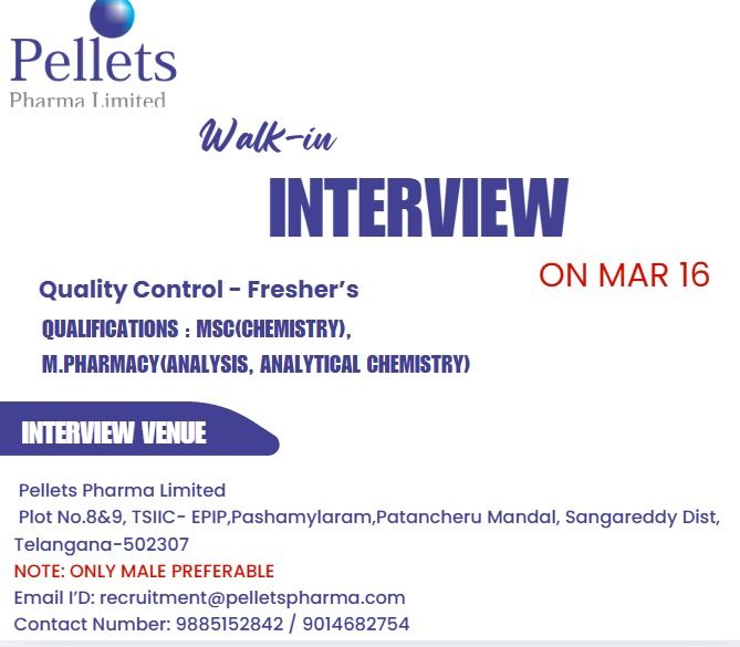 Pellets Pharma Limited Walk-in Interview 2026 for Freshers