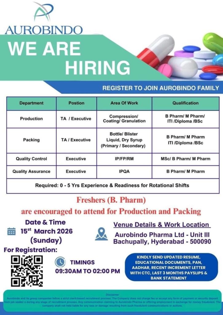 Aurobindo Pharma Walk-In Drive 2026 for Production, Packing, QC & QA Jobs 