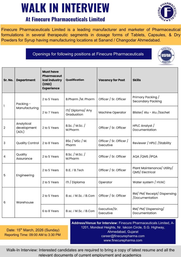 Finecure Pharmaceuticals Walk-In Interview 2026 