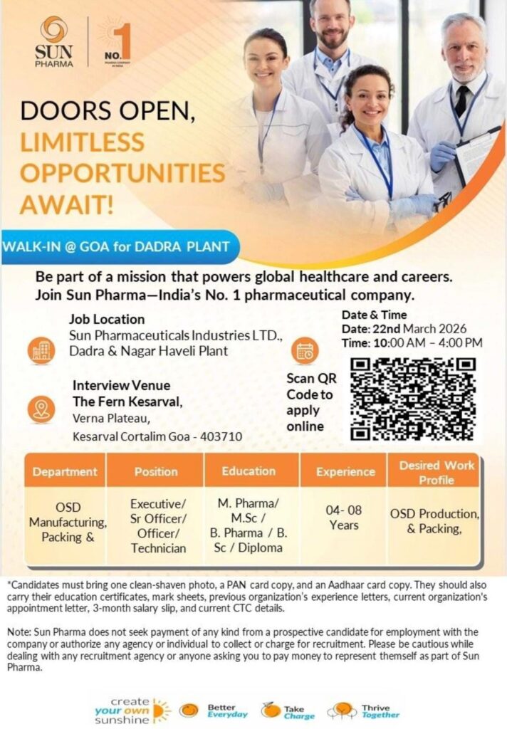Sun Pharma Walk-In Interview 2026 