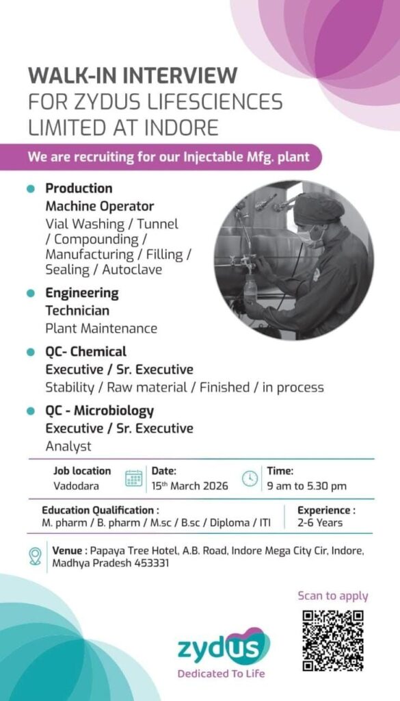 Zydus Lifesciences Walk-In Interview for Production, QC & Engineering Jobs