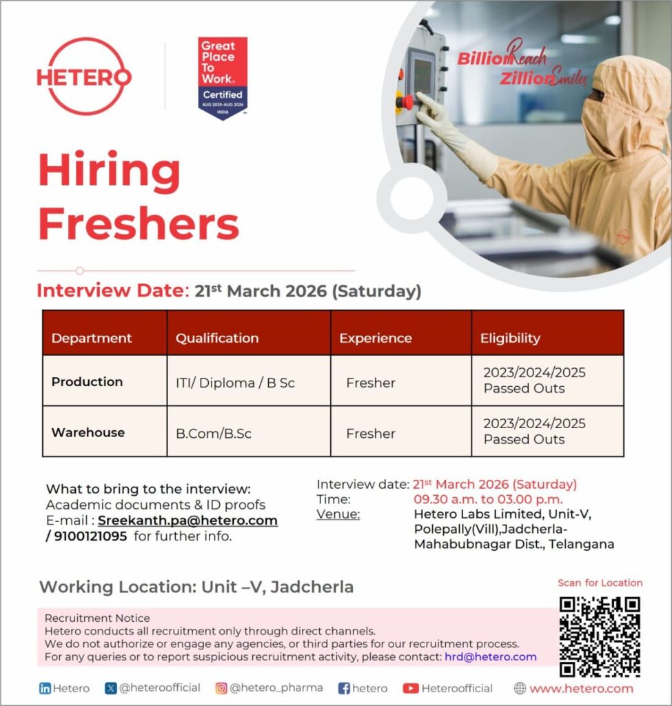 Hetero Labs Hiring Freshers – Walk-in Drive 2026