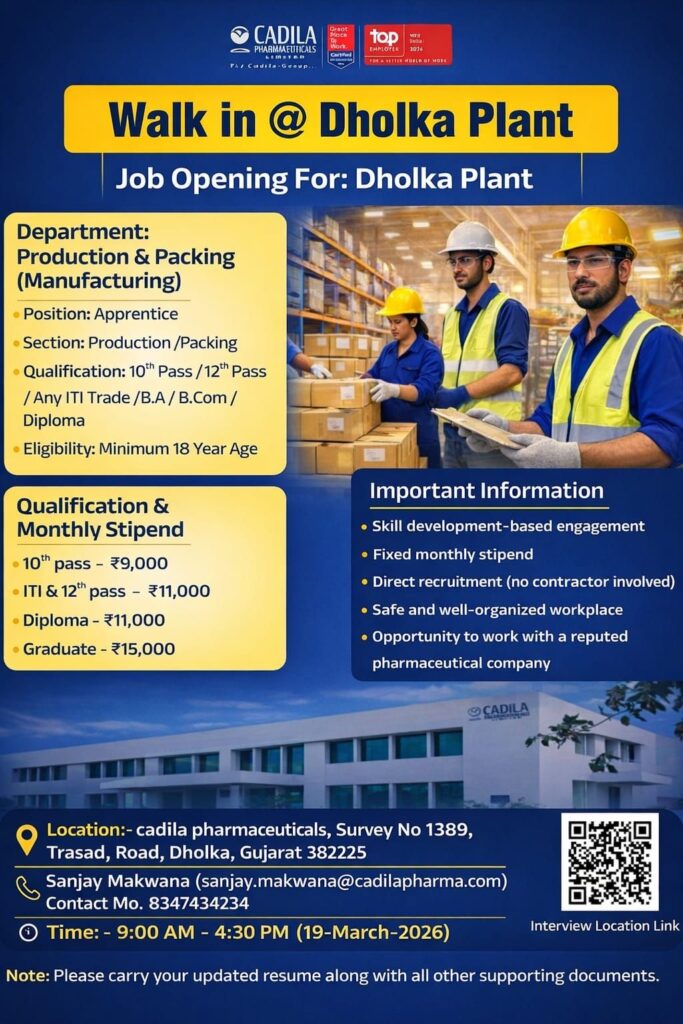 Cadila Pharmaceuticals Walk-In Interview 2026 | Apprentice Jobs