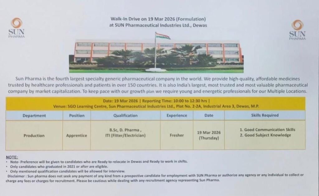Sun Pharma Walk-in Drive 2026 for Freshers