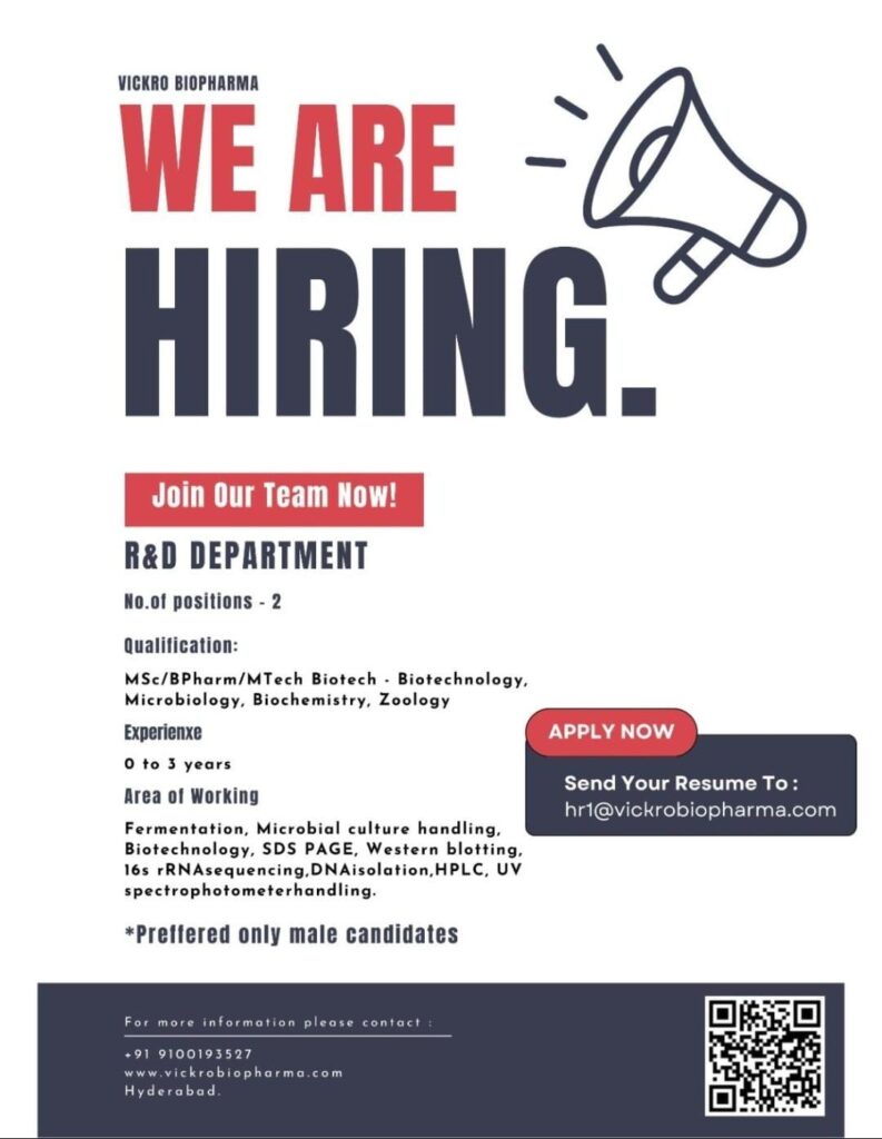 Vickro Biopharma Hiring Freshers for R&D Trainee Jobs in Hyderabad