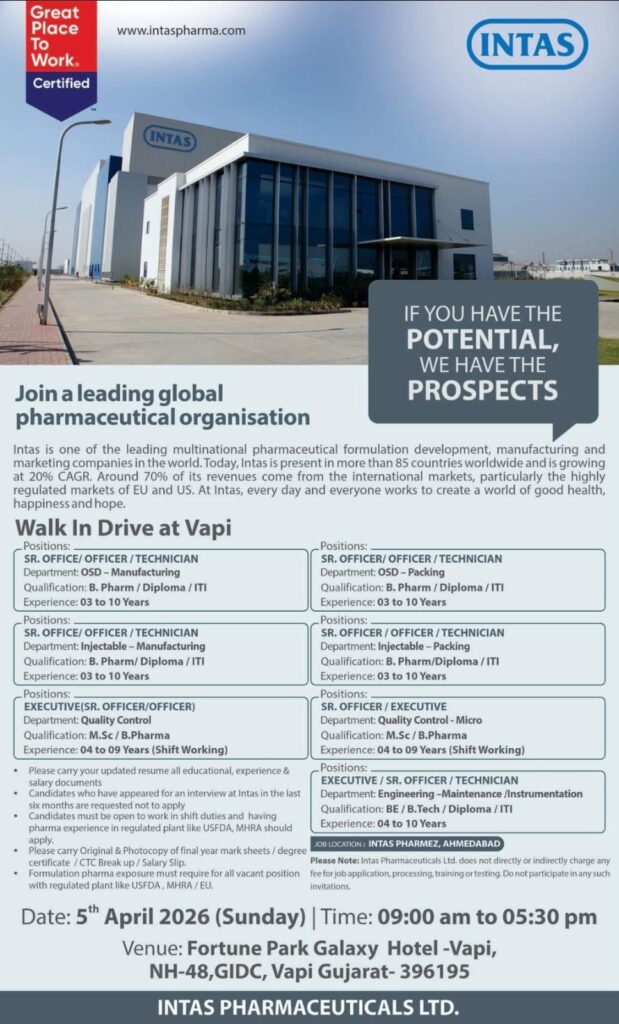 Intas Pharmaceuticals Walk-In Drive 2026 | Multiple Openings 