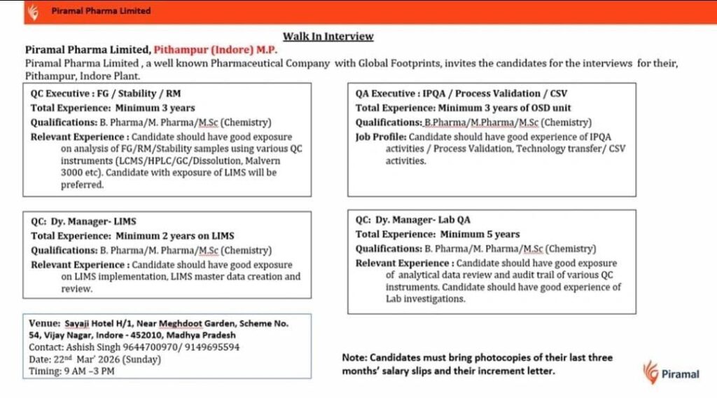 Piramal Pharma Walk-In Interview 2026 | QC & QA Jobs