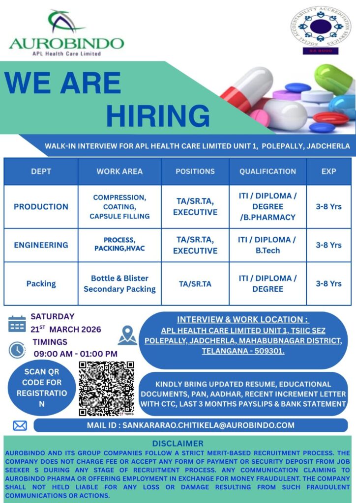 Aurobindo Pharma hiring for Production, Engineering & Packing roles