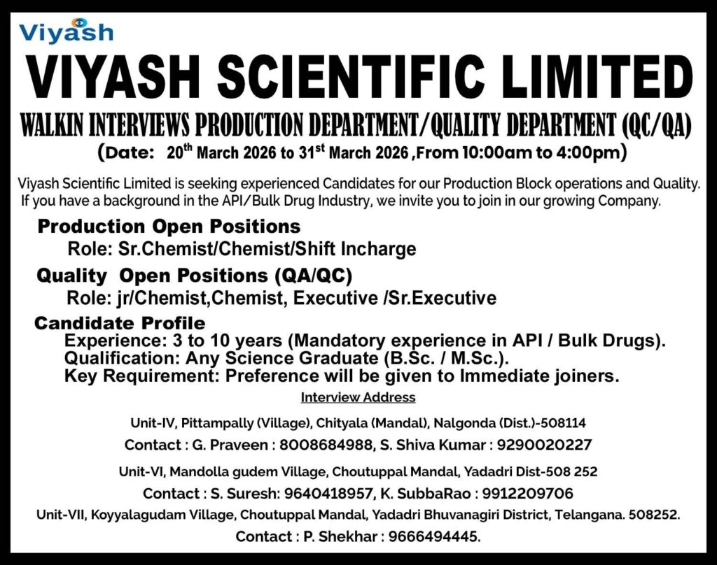 Viyash Scientific Limited Walk-In Interview 2026