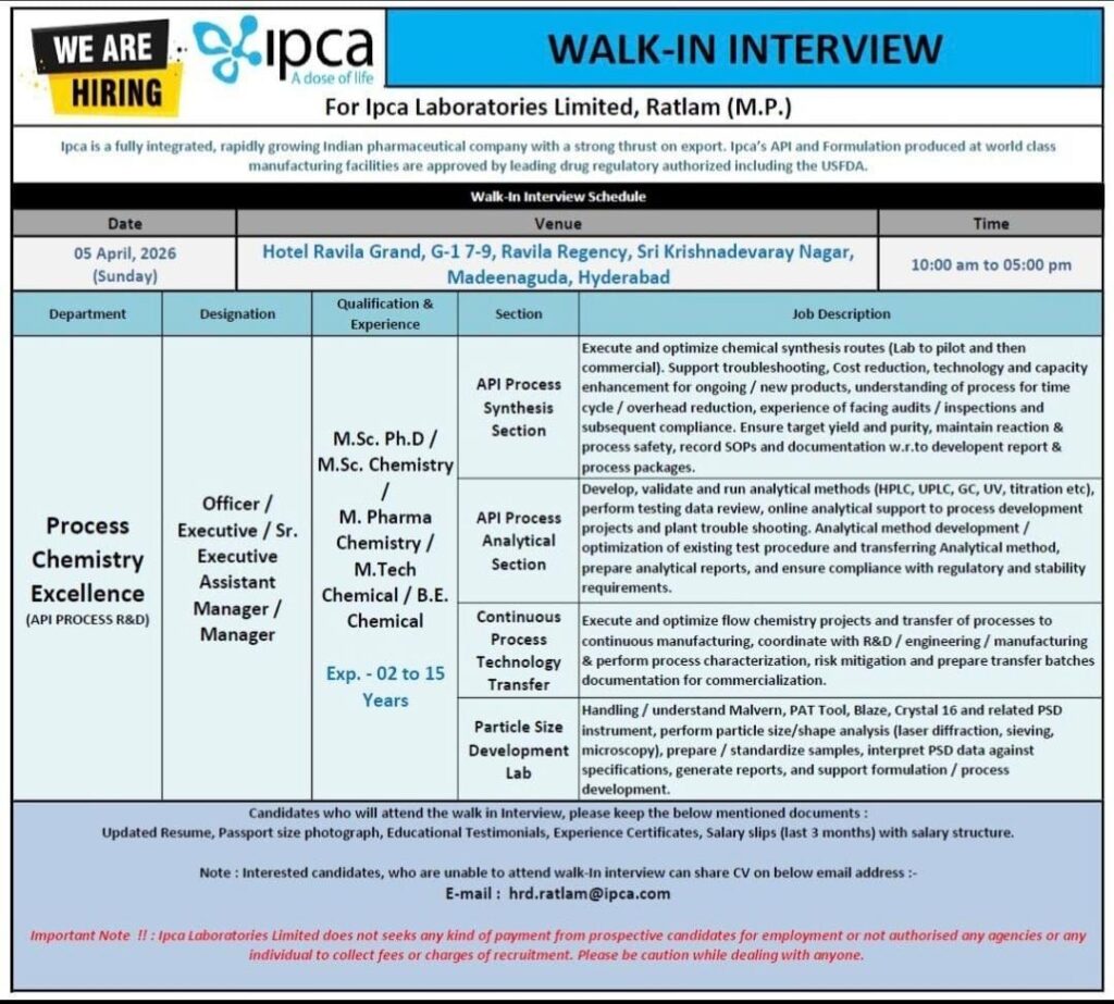 Ipca Laboratories Walk-in Interview 2026 | Process Chemistry Jobs | Hyderabad