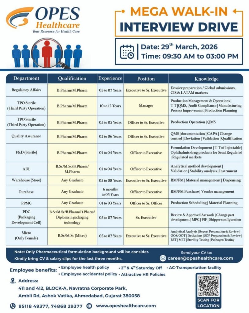 OPES Healthcare is hiring for multiple pharma roles