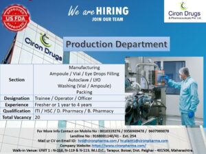 Ciron Drugs Jobs 2026 for Production Department