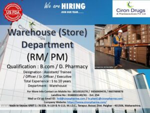 Ciron Drugs Jobs 2026 for Warehouse Department 
