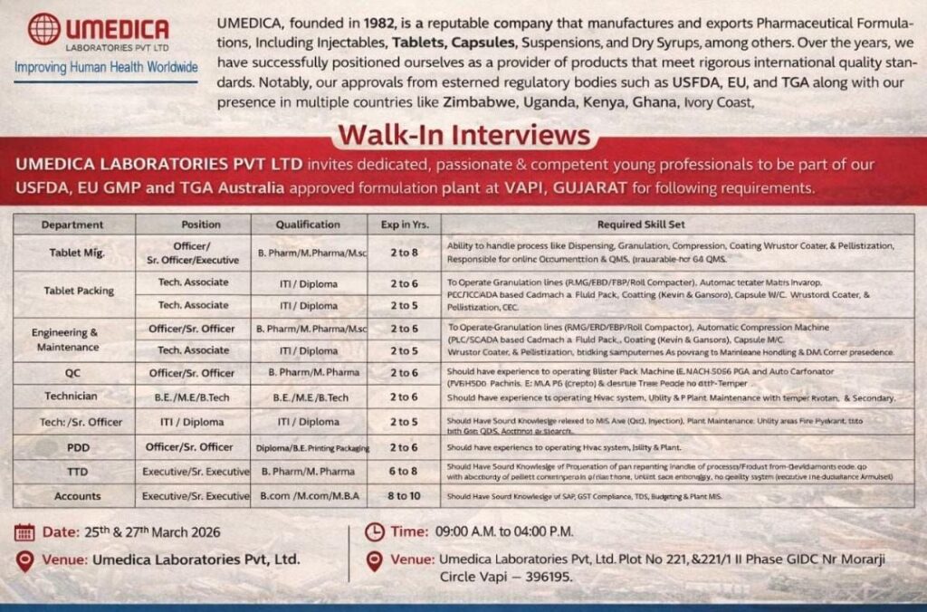 Umedica Laboratories Walk-In Interview 2026 | Pharma Jobs in Vapi