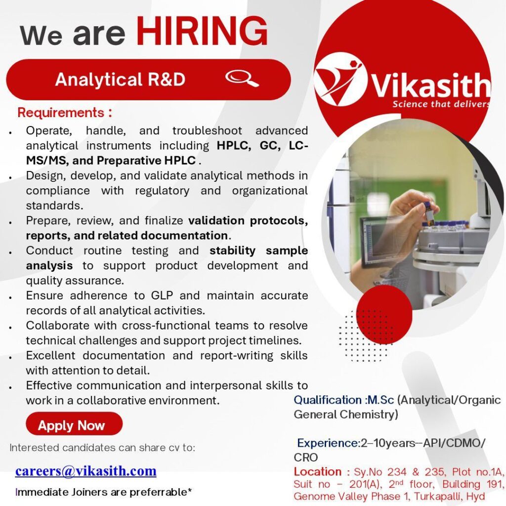 Vikasith Life Sciences Hiring Analytical R&D Professionals