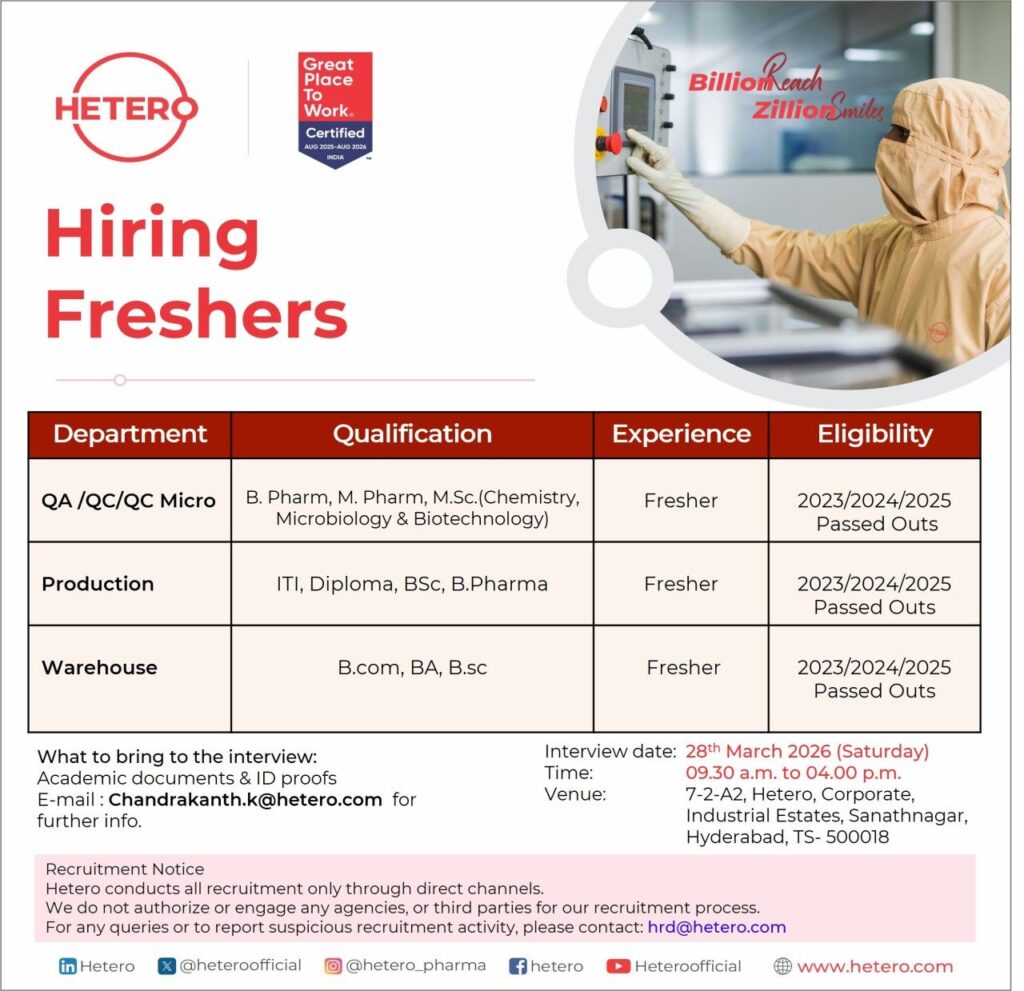 Hetero Hiring Freshers 2026 | QA, QC, Production & Warehouse Jobs