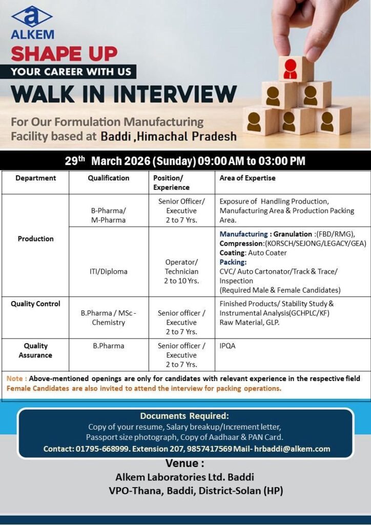 Alkem Laboratories Walk-In Interview 2026 | Production, QC & QA Jobs in Baddi