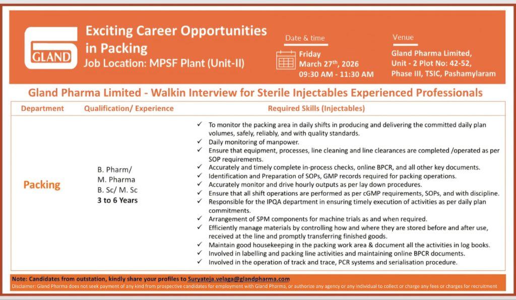 Gland Pharma is hiring for Production and Packing roles