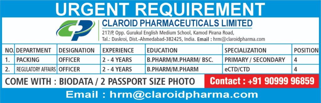 Apply for Officer jobs at Claroid Pharmaceuticals Limited