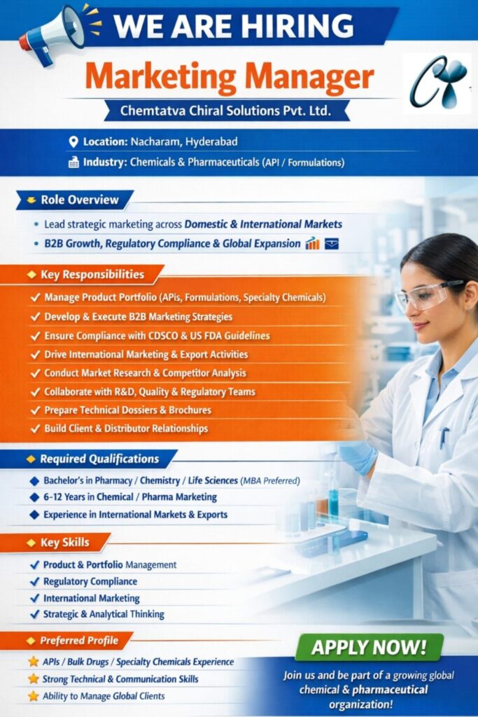 Marketing Manager Job Opening at Chemtatva Chiral Solutions Pvt. Ltd