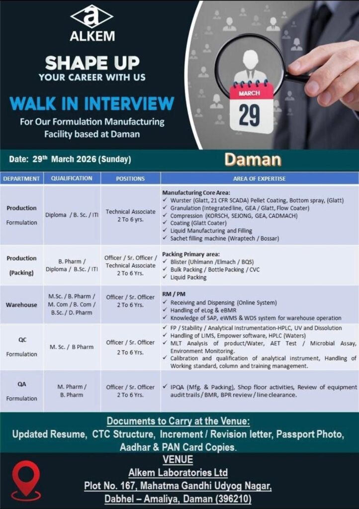Alkem Laboratories Walk-In Interview 2026 – Daman