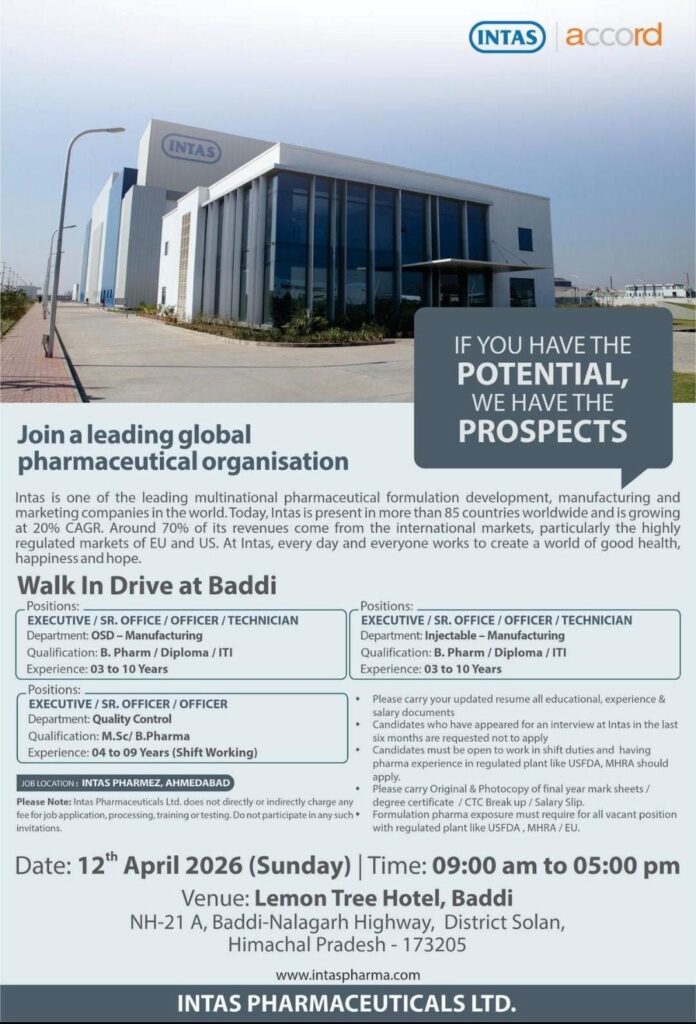 Intas Pharmaceuticals is conducting a walk-in drive on 12th April 2026 at Baddi