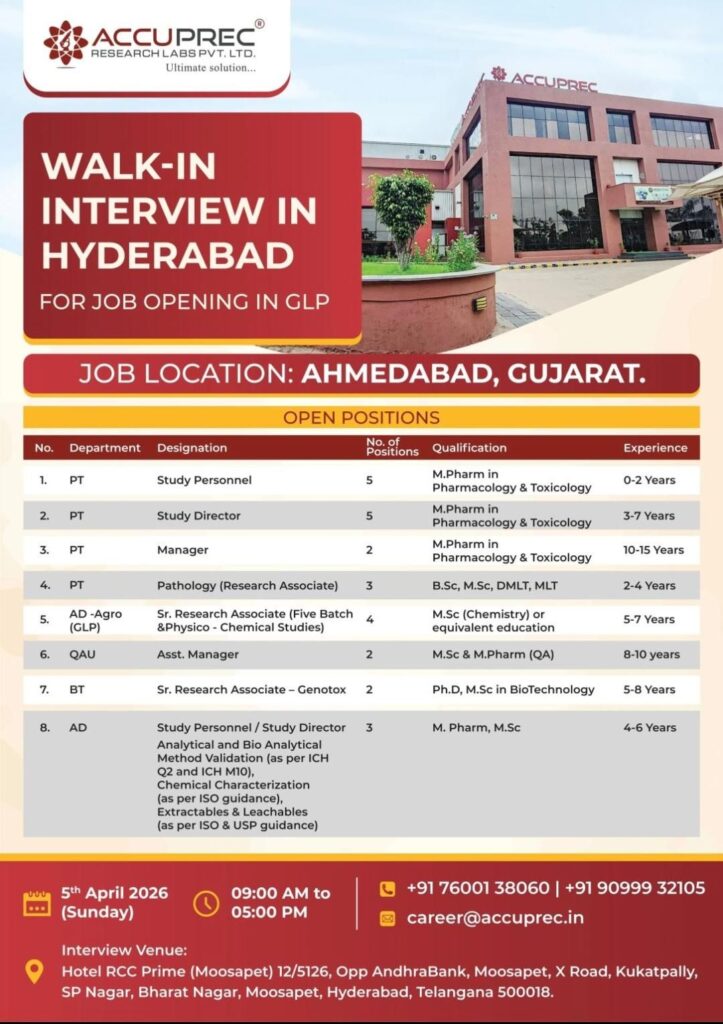 Accuprec Research Labs Walk-In Interview 2026 | Freshers & Experienced GLP Jobs