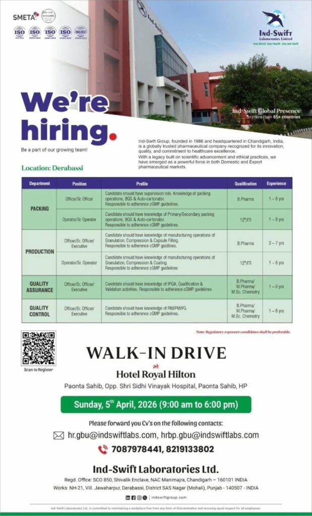 Ind-Swift Laboratories Walk-In Interview 2026 | Pharma Jobs in Derabassi 