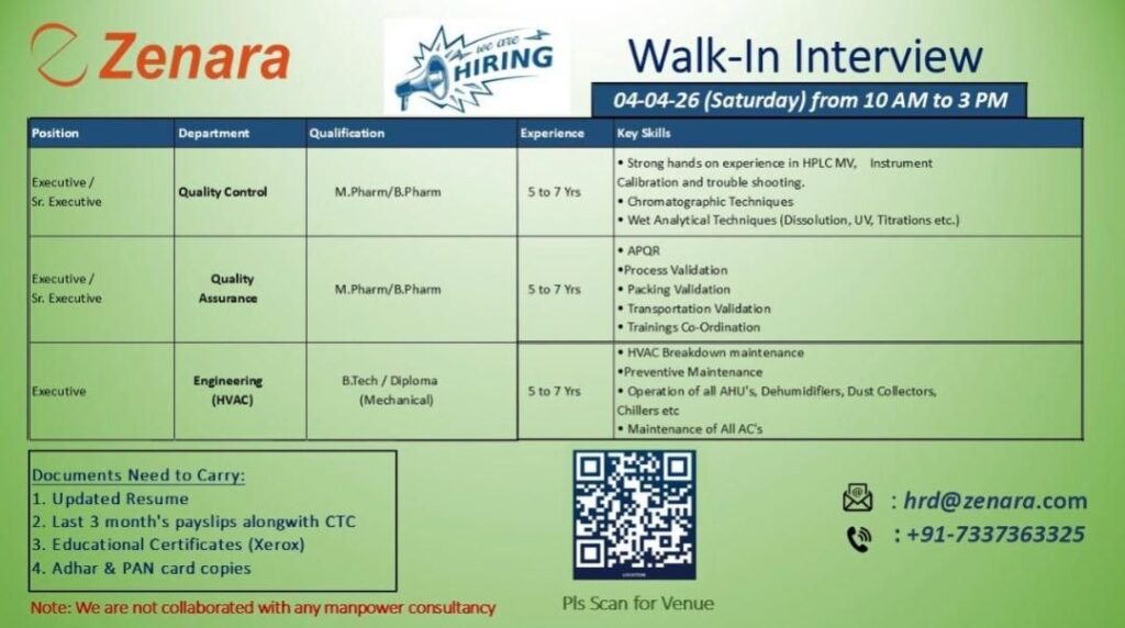 Zenara Pharma Walk-In Interview 2026 | QC, QA & HVAC Jobs