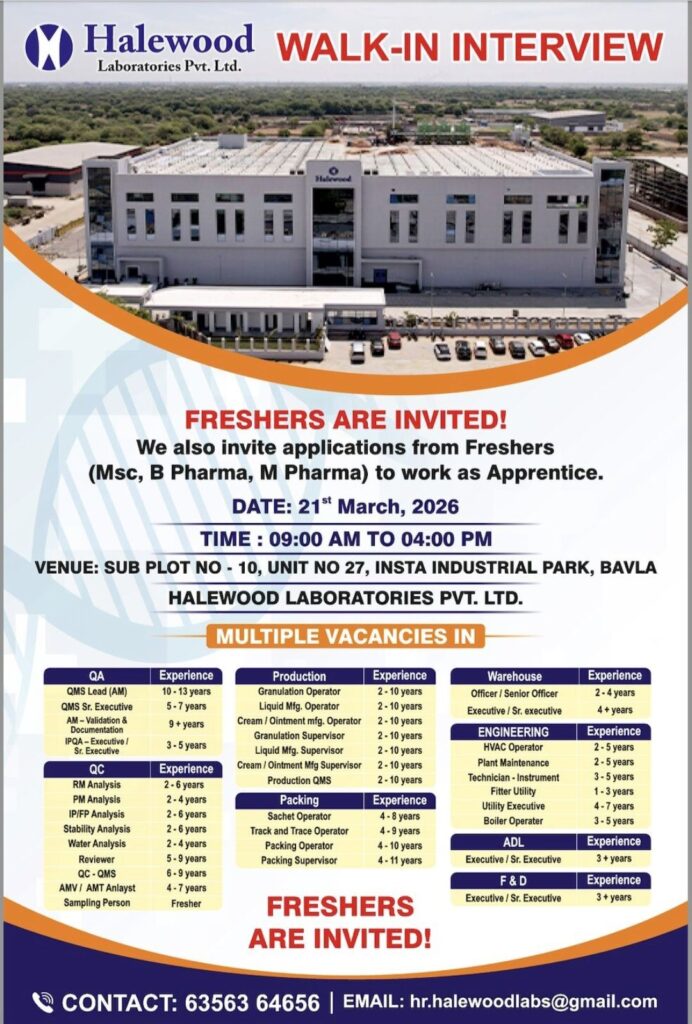 Walk-In Interview at Halewood Labs