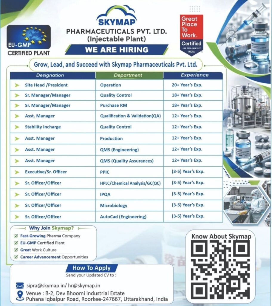 Skymap Pharmaceuticals Careers  | Multiple Openings in Injectable Facility
