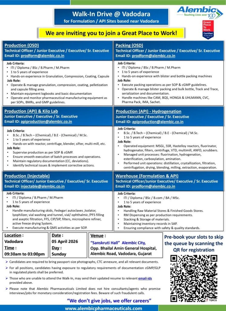 Alembic Pharmaceuticals Walk-In Drive 2026 | Multiple Openings